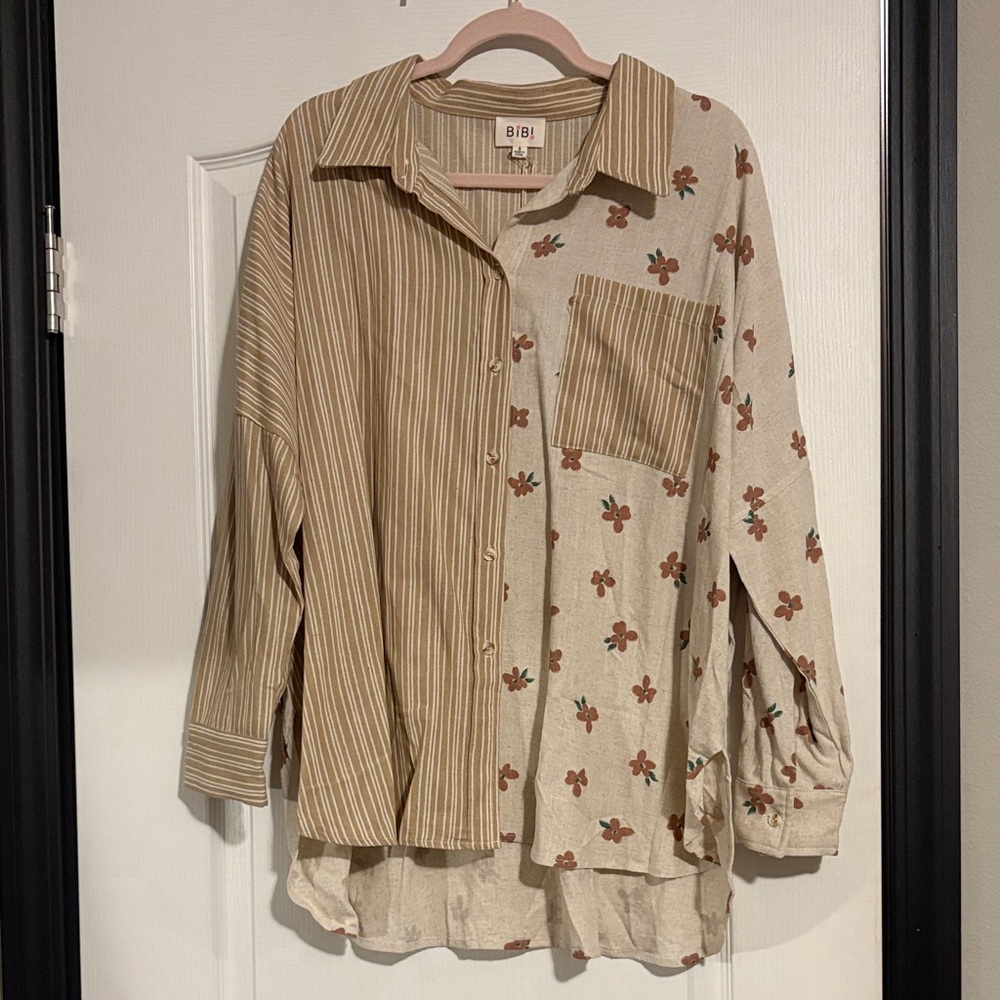 BiBi Tan Floral and Striped Shirt